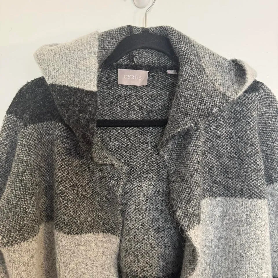 CYRUS Women's Striped Hooded Cardigan Sweater XS Black Grey Open Front Pockets - Image 2