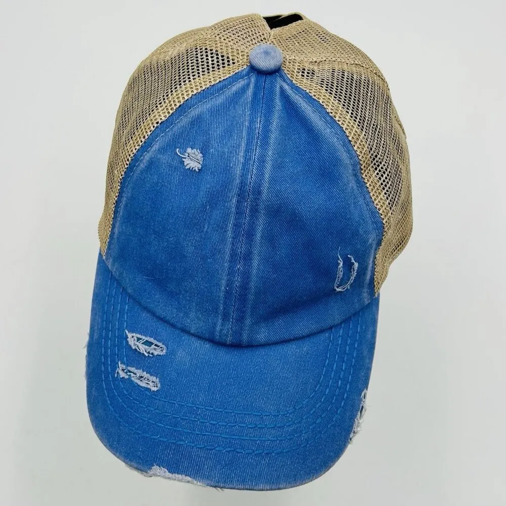 CC Exclusives Adjustable Trucker Baseball Hat Blue Tan Ponytail Criss Cross Back - Image 6