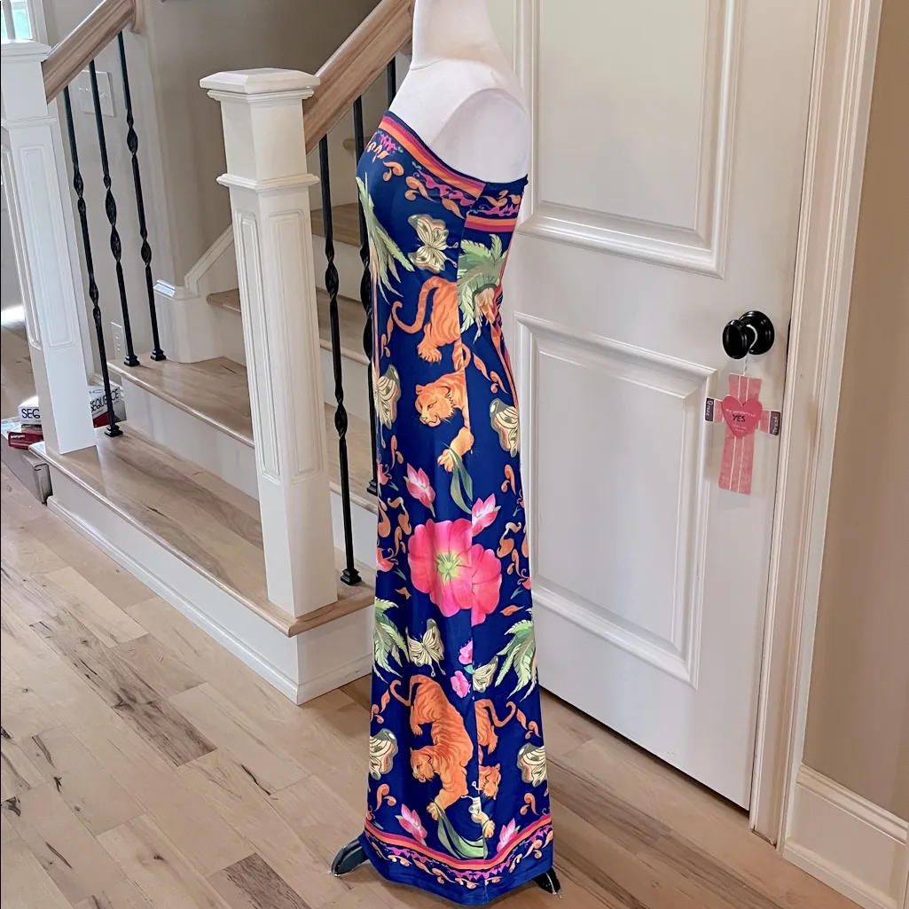 Colorful Vibrant Maxi Dress Strapless Blue Gold Multicolor New - Image 4