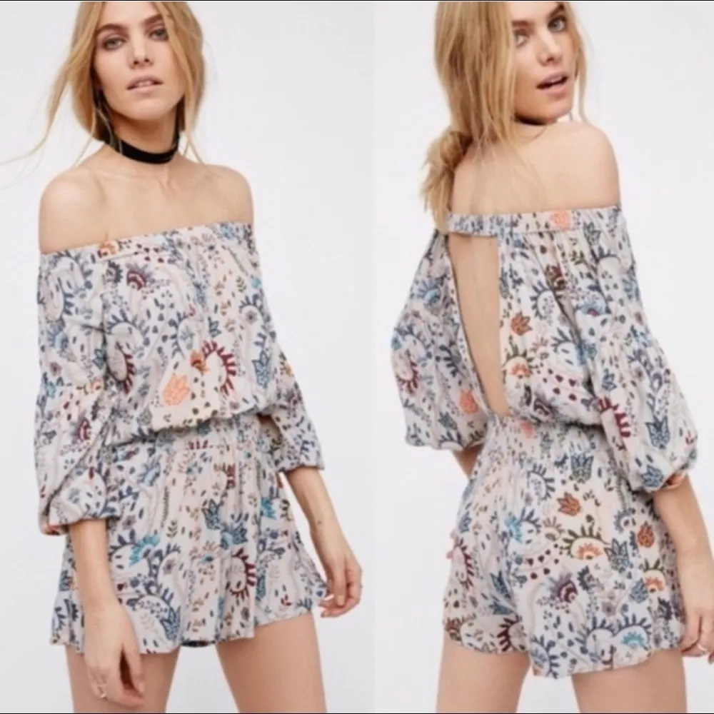 Free People Pretty & Free Grey Floral Long Sleeve Romper -249 - Image 2