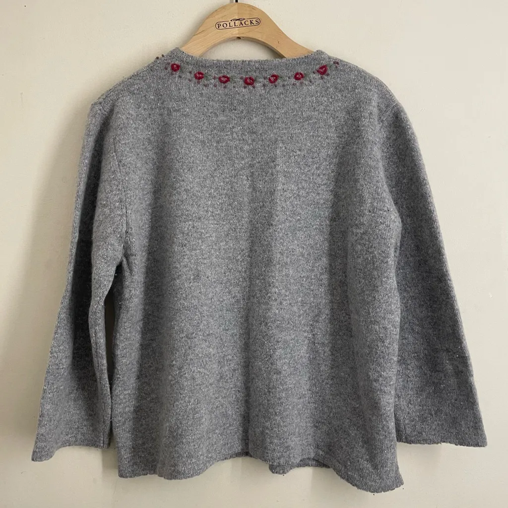 Garnet Hill Wool Angora Zip Cardigan Floral Embroidered Gray Size S - Image 2