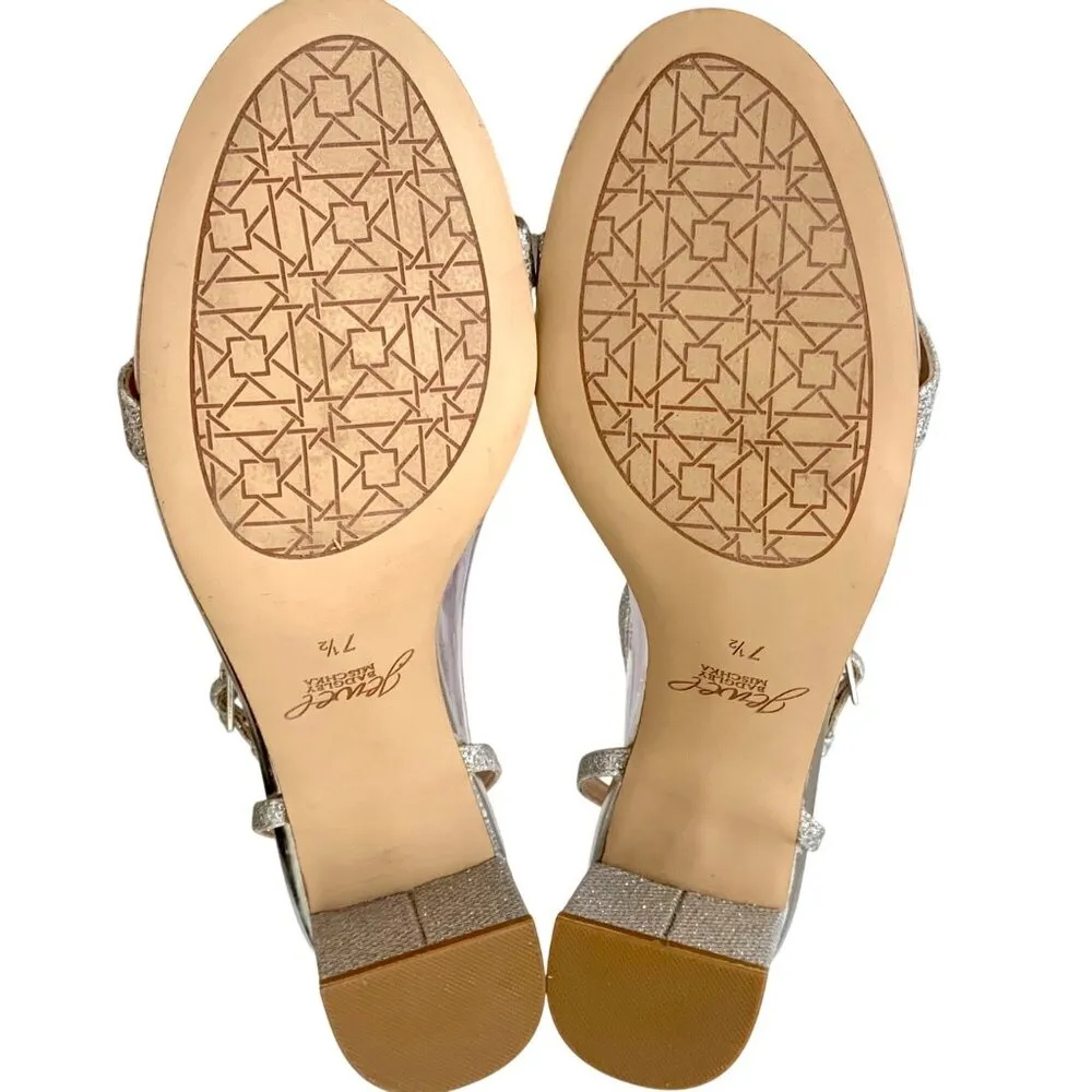 Jewel Badgley Mischka Silver Glitter Ankle Strap Block Heel Sandals 7.5 Dressy - Image 6