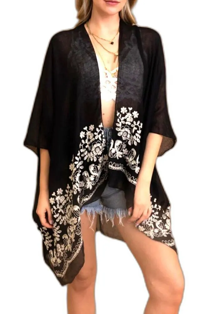 Embroidered floral bloom womens kimono Black white bohemian one size fits - Image 1