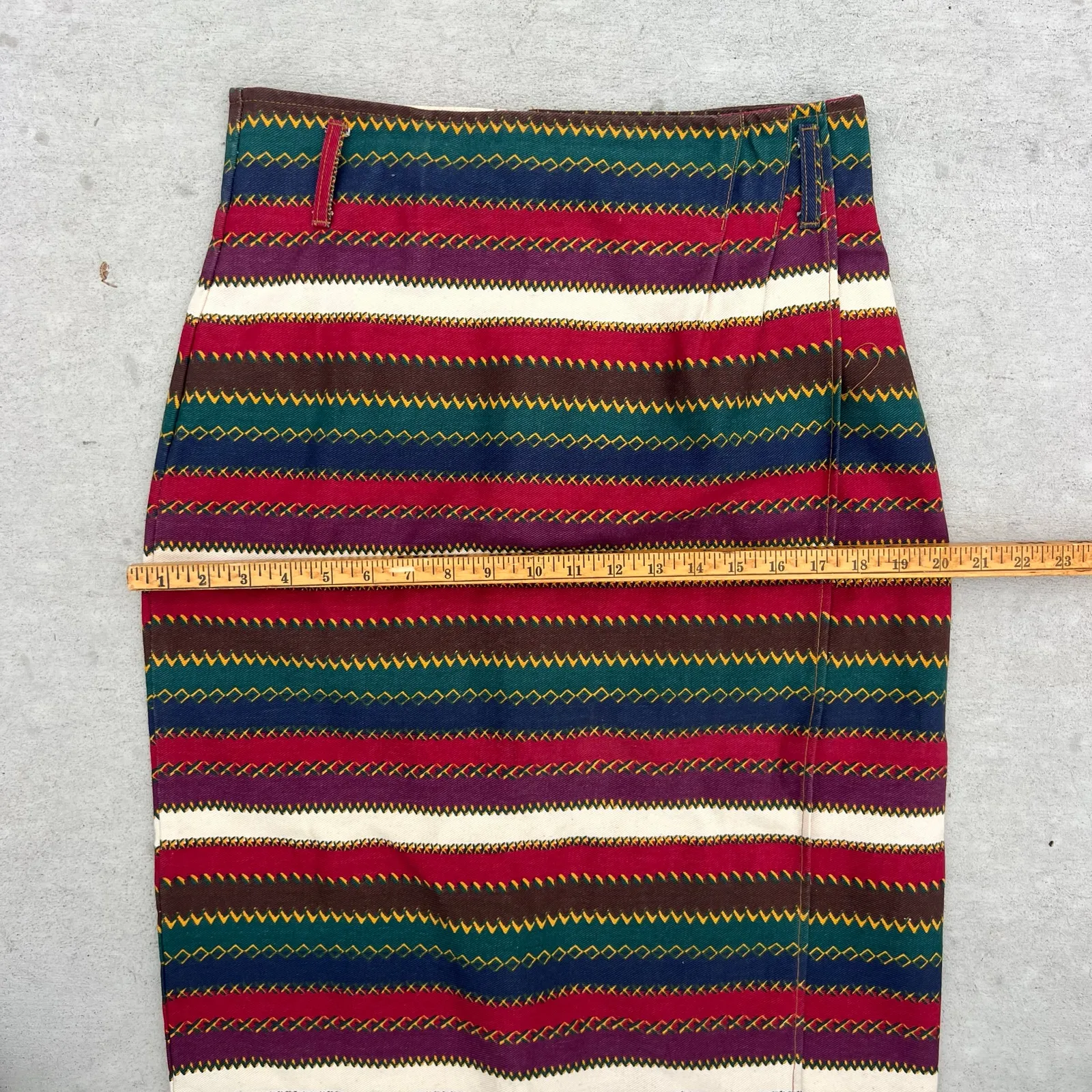 Vintage 80s BeBop Fall Aztec Southwestern Stripe Faux Wrap Midi Pencil Skirt 13 Red Size M - Image 10