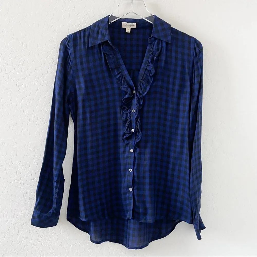 Maison Jules Royal Cobalt Blue Buffalo Plaid Ruffle Button Down S - Image 34