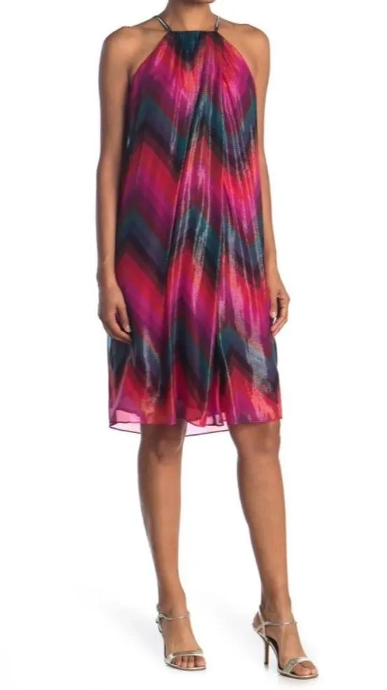 Trina Turk Metallic Chevron Striped Trapeze Halter Dress Womens Size S - Image 2
