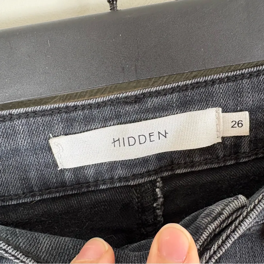 Hidden High Rise Flare Jeans Black Wash Button Fly Size 26 Raw Edge - Image 2