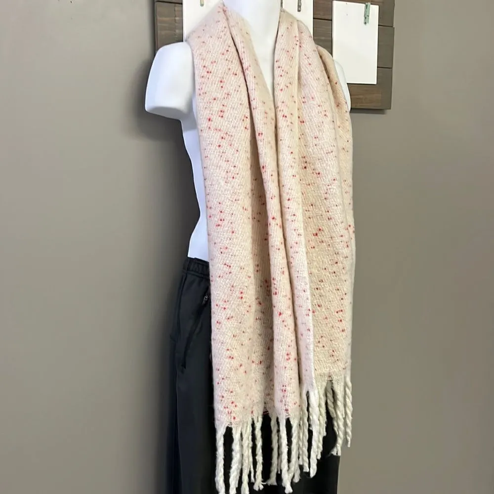LC Lauren Conrad Women’s Cream and Red Wool Scarf with Tassels - Image 3