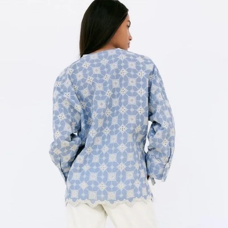 Zara Floral Embroidered Retro V-Neck Long-Sleeved high low top cotton small - Image 3