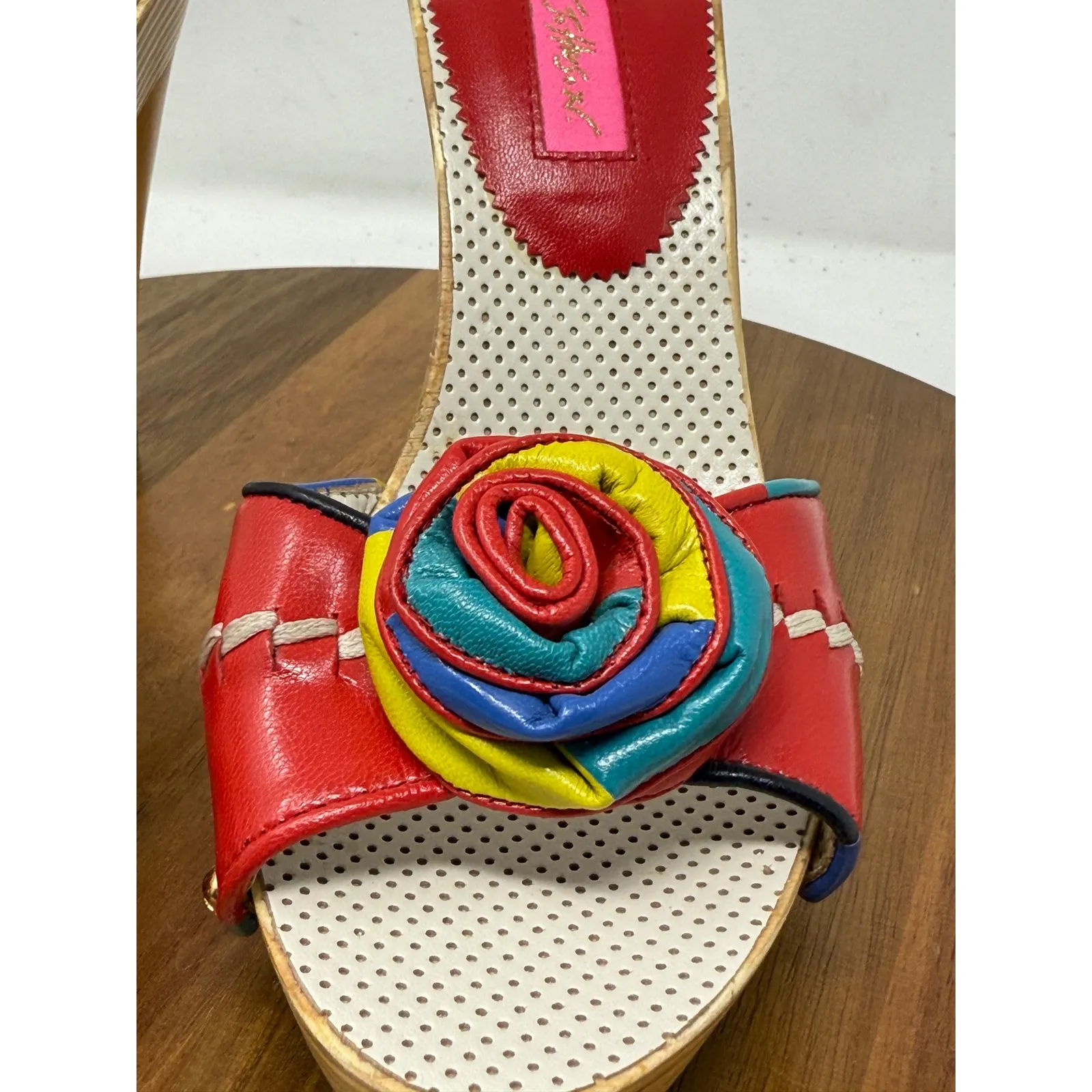 Betsey Johnson Clogs Slides Heels Wood Colorful‎ Rose Leather Flower Shoes - Image 5