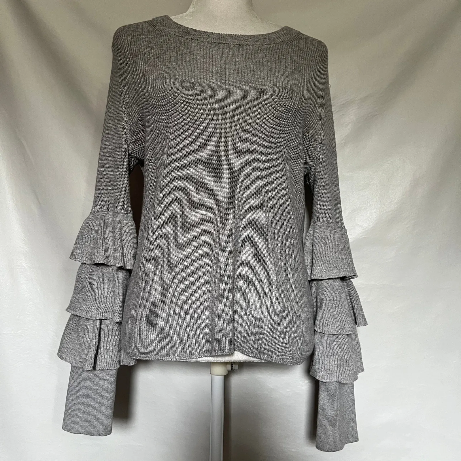 1.State Tier Ruffle Sleeve Womens Sweater S Soft Girl Balletcore Scandi Neutral Gray - Image 12