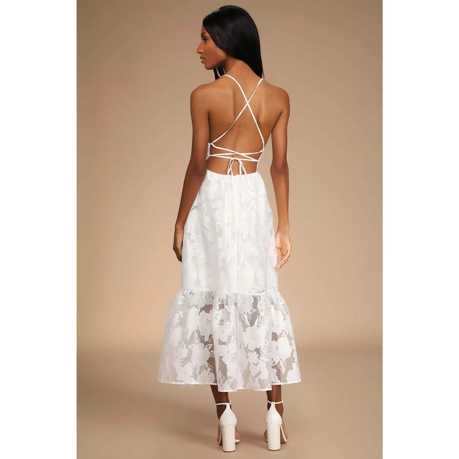 NWT Lulus Feeling Like Forever White Jacquard Organza Lace-Up Midi Dress Size M - Image 3