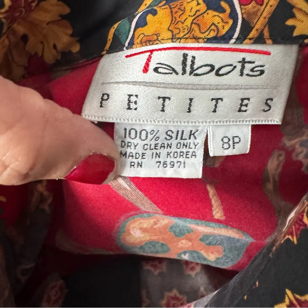 Vintage 90’s Talbots Petites Equestrian Baroque Print Silk Button-Up Shirt - Image 6
