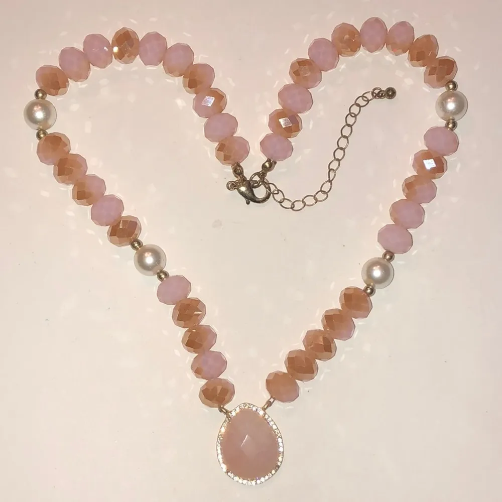 Pink Rose Quartz AB Ombre Opaque Beaded Boho CZ Rhinestone Pendant Necklace - Image 3