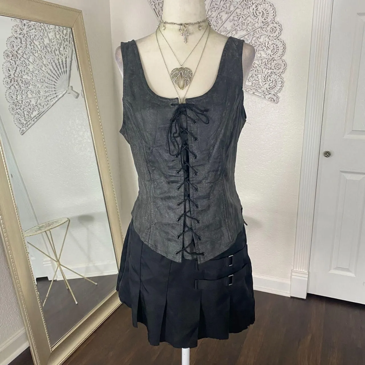 Frederick's Of Hollywood Rare Vintage Grunge Gothic Gray Black Corset Top L - Image 2