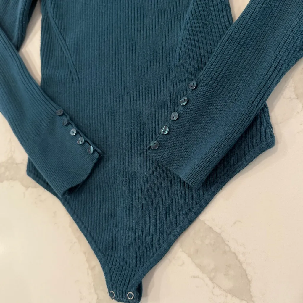 Abercrombie & Fitch Ribbed V-Neck Knit Sweater Body Suit Women’s Large Teal Blue - Image 3