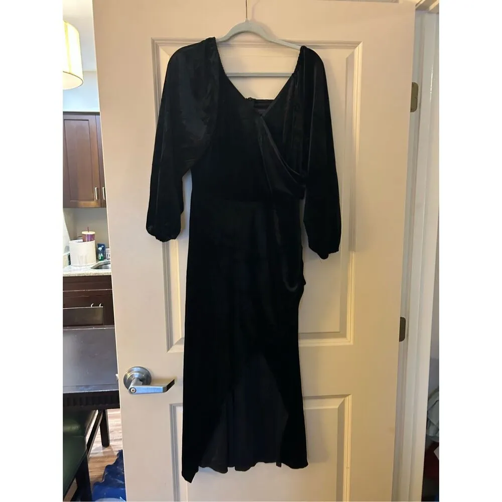 NEW Long Sleeve Ruched Velvet Wrap Cocktail Maxi Dress XL 12/14 Black - Image 3
