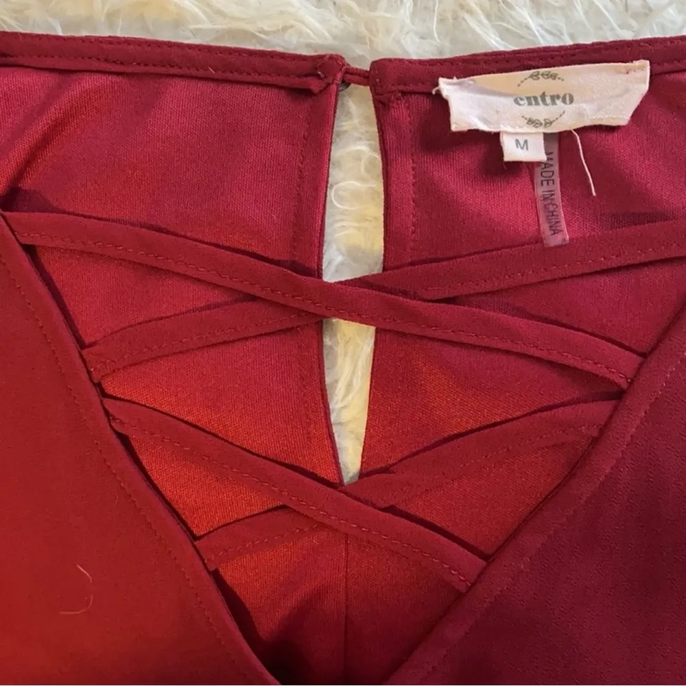 Entro Burgundy Sheer Long Sleeve Ruffle Flutter Dress Size Medium - Image 5