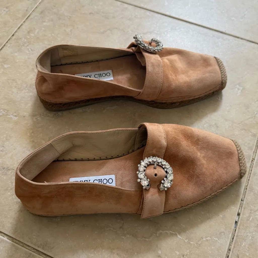 JIMMY CHOO Dru Crystal Embellished Suede Espadrilles Beige Sz 38 EU/8 US - Image 8