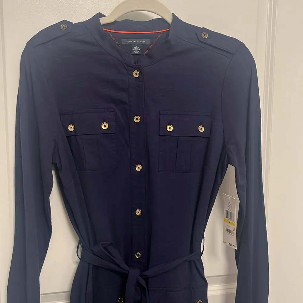 Tommy Hilfiger Button Cotton Shirt Dress Knee Length Navy Belted NWT size Medium - Image 3