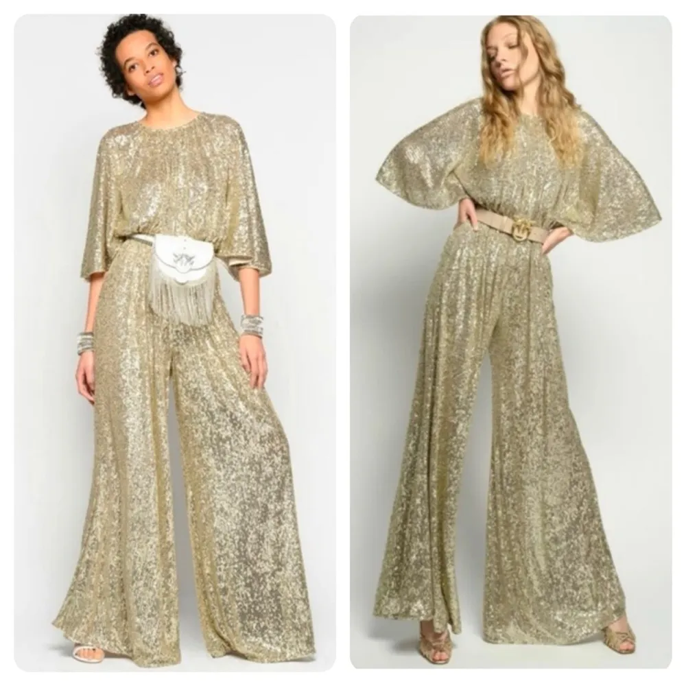 NWT PINKO Aquarius Gold Sequin Jumpsuit Flared Sleeve Wide Leg Cocktail US 6 - Image 6