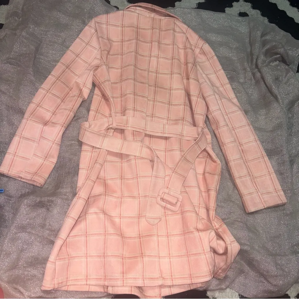 Alice Blue Pink Plaid Trench Coat XL - Image 3