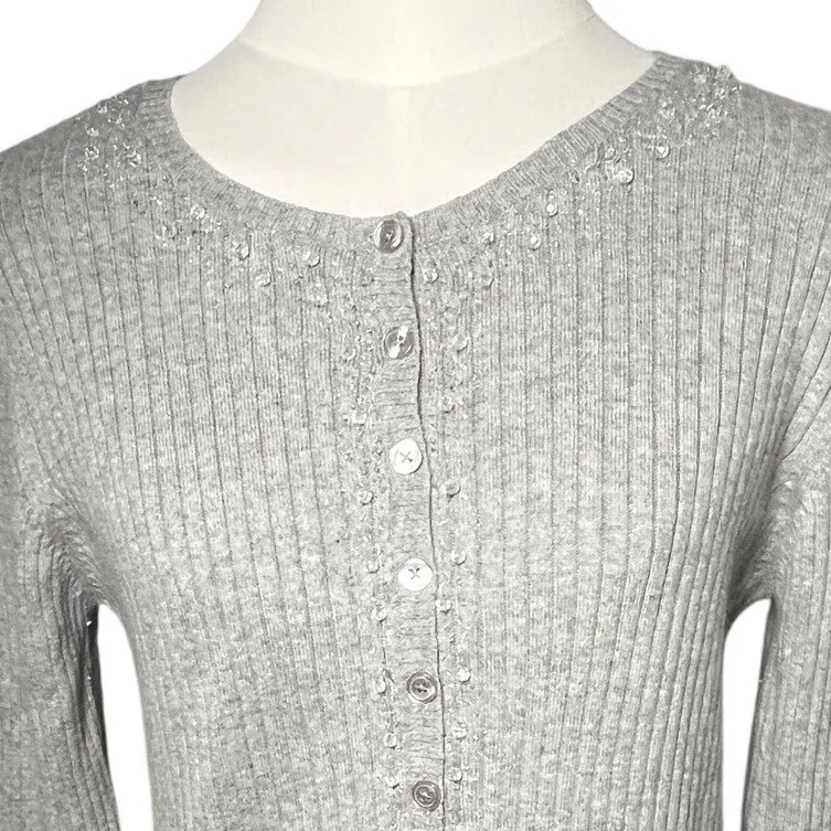 Y2K Ribbed Button Front Knit Cardigan‎ Heather Gray GAP Women S 2006 - Image 2