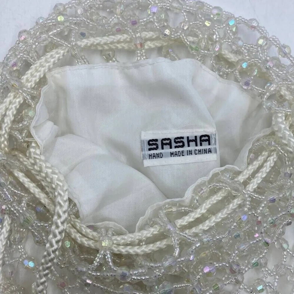 Vintage Beaded Drawstring Bag White Iridescent Boho Cocktail Wedding - Image 3