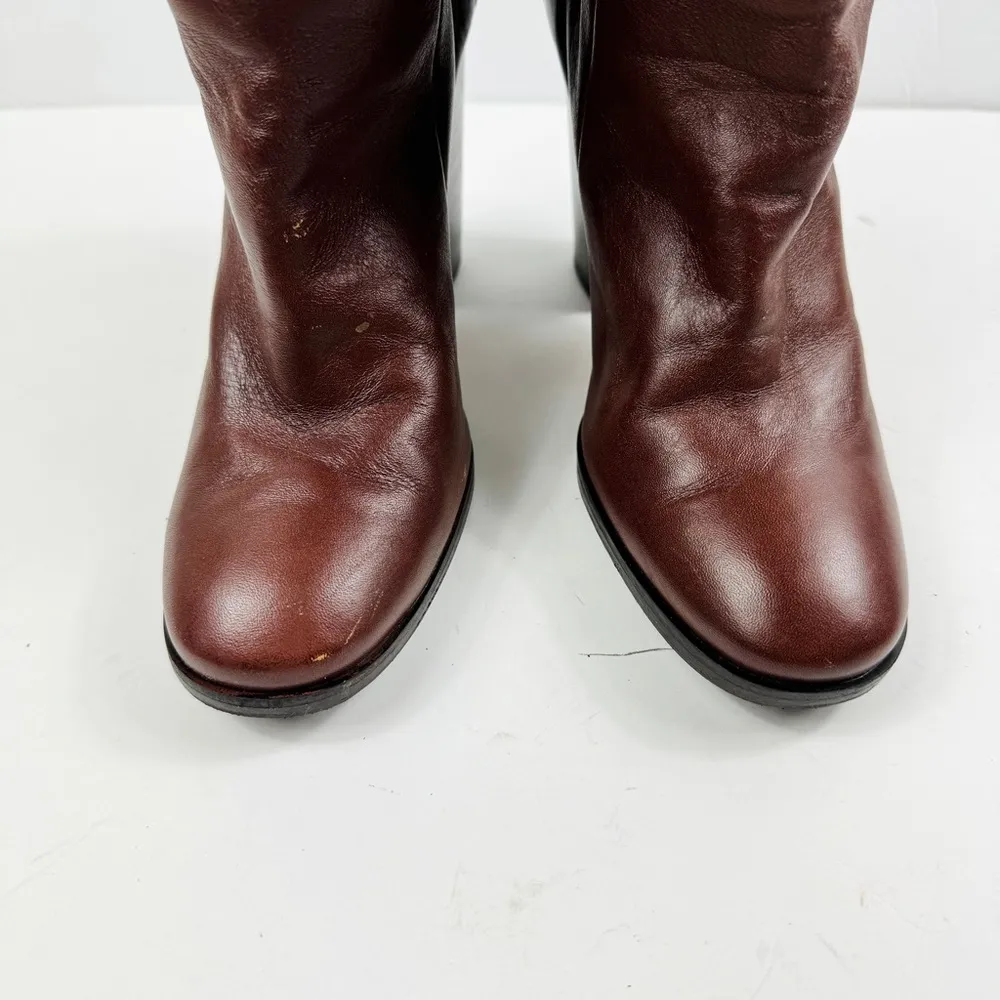 Rachel Comey Maroon leather pull on knee high heeled boots - Image 12