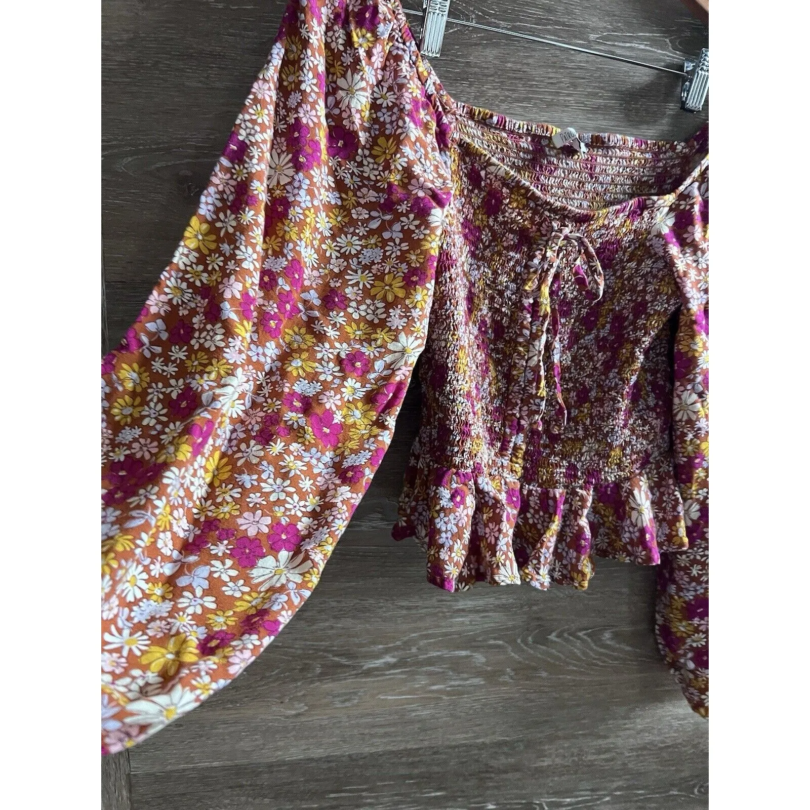 Patrons of Peace Smoked Peasant Blouse Medium Floral Balloon Sleeves Bohemian - Image 3