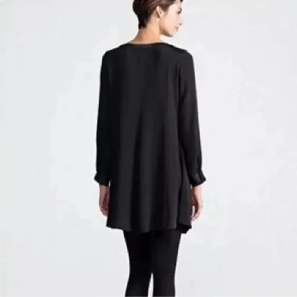 Eileen Fisher Long Sleeve Silk Bateau Neck Tunic Dress in Black Size Extra Small - Image 3