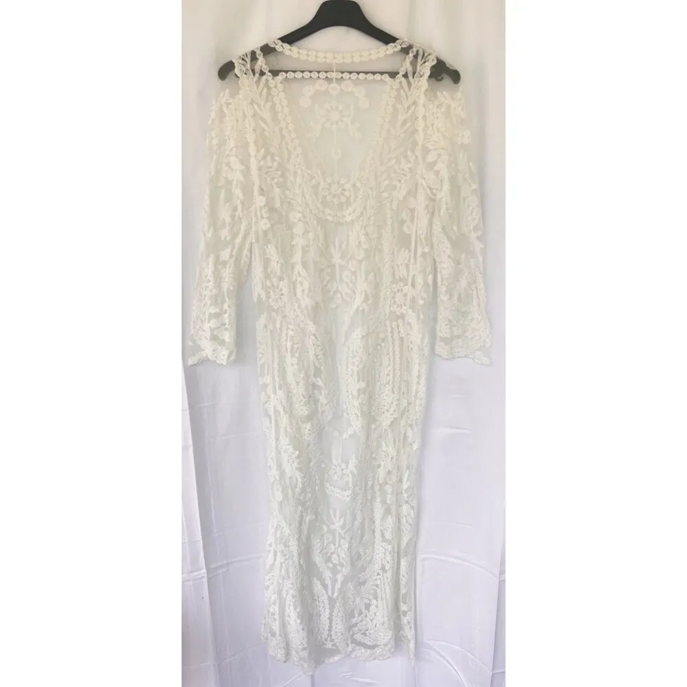Boho Kimono Cardigan Women’s Size Medium Sheer Cream Long Lace Duster Festival - Image 5
