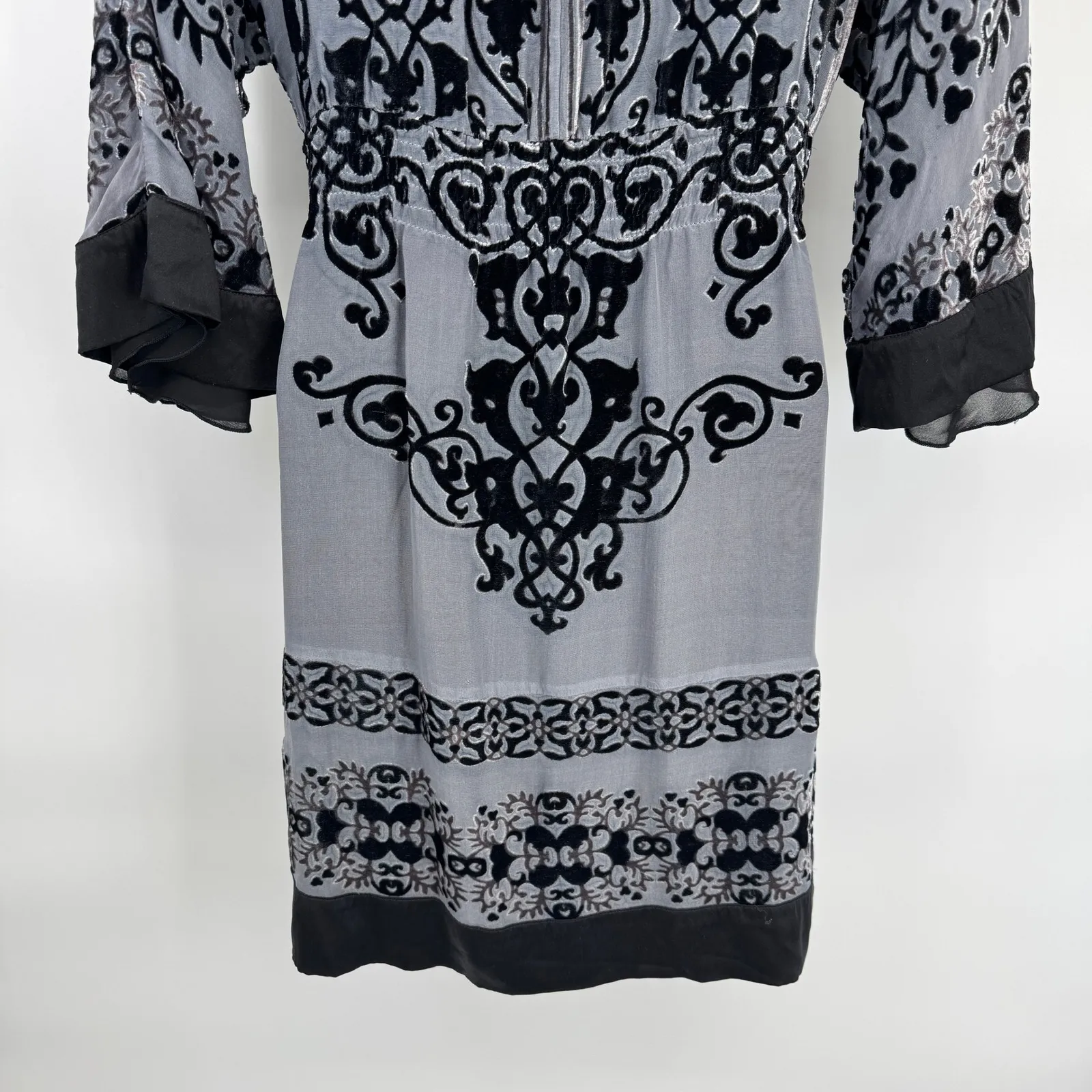 Hale Bob Dress Womens Small Gray Black Silk Velvet Burnout Baroque Bell Sleeve - Image 10
