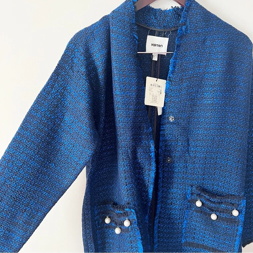 Koton Blue/Black Plaid Tweed Midi Lightweight Coat Formal Pearl Accents NEW Blue Size M - Image 4