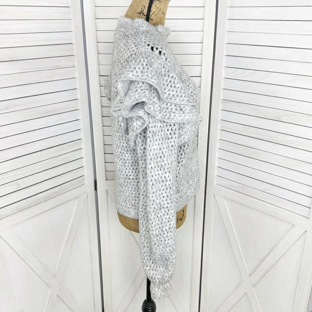 Broadway 38 Anthropologie Ruffle Shoulder Open Knit Sweater Gray XS Wool Blend - Image 3