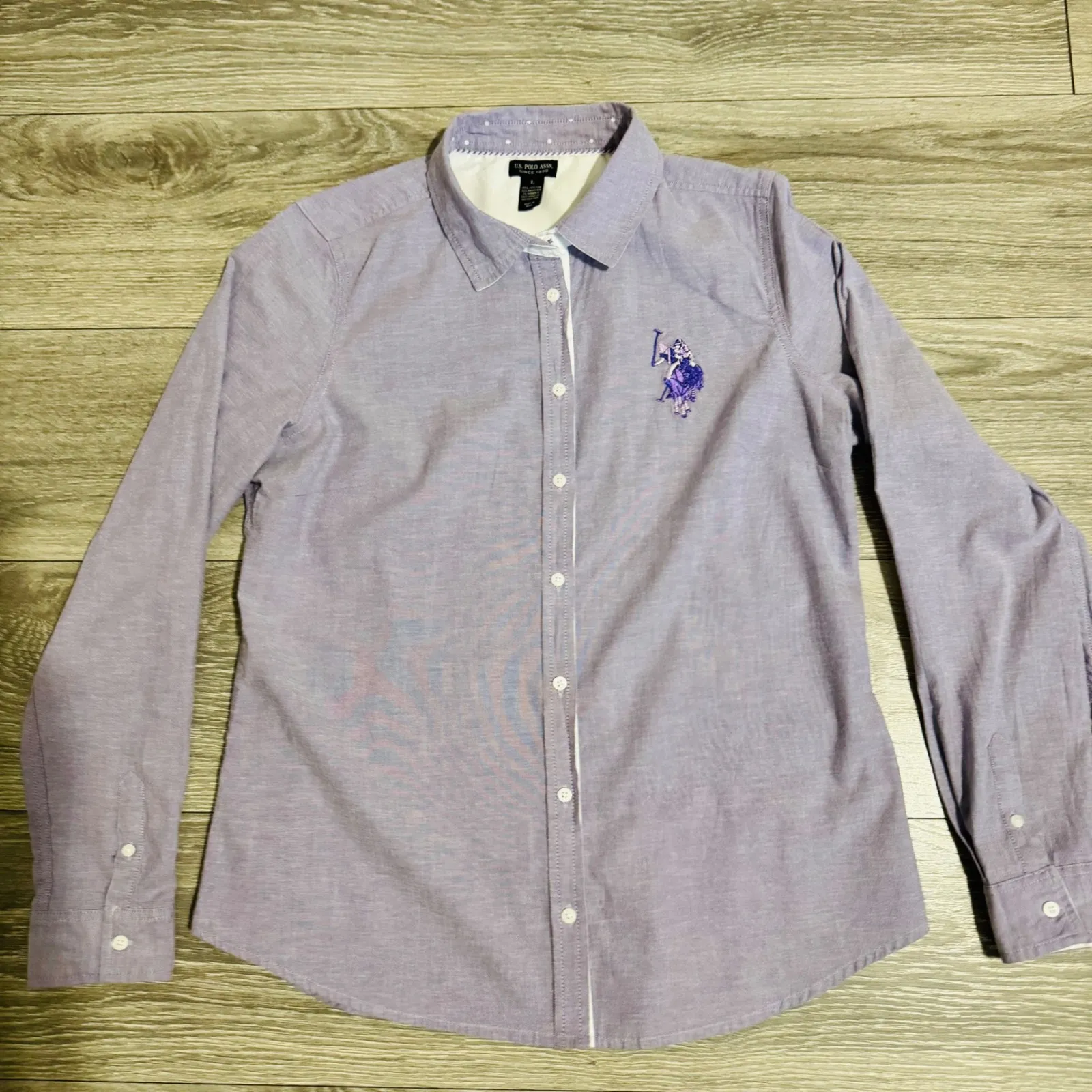 US Polo Assn Oxford Button Down Shirt Purple Embroidered Polo Player Women's L - Image 7