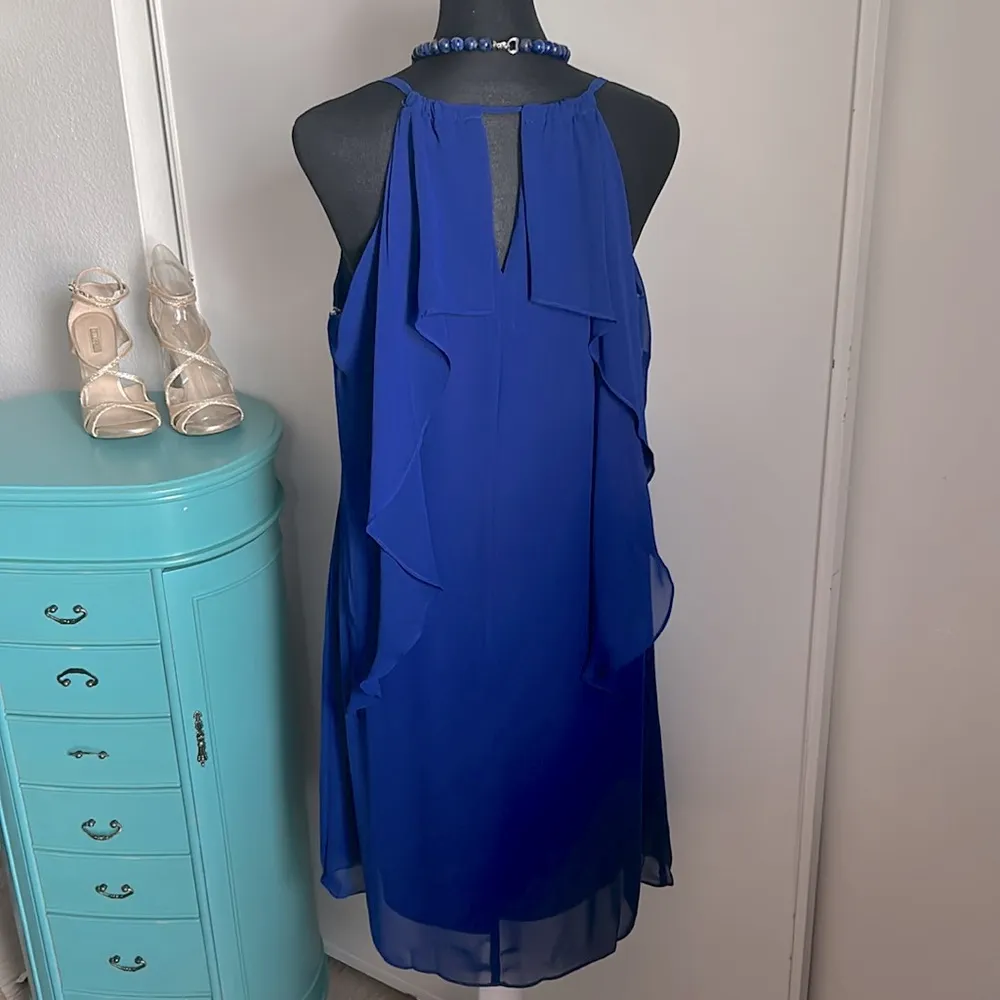 New Kate & Mallory Lapis Blue Sleeveless Back Overlay Strappy V-Neck Dress - Image 5
