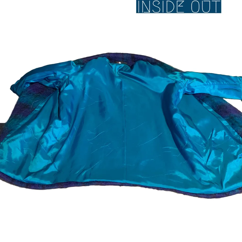 VINTAGE 1980'S GEORGE DAVID FASHIONS TURQUOISE & PURPLE PLAID MOHAIR COAT (14) - Image 9