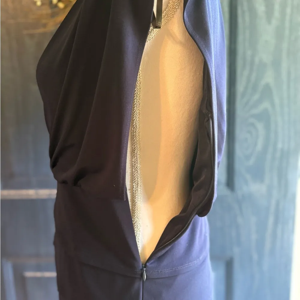 $125 LAUNDRY BY SHELLI SEGAL Navy Blue Tulip Tiered Sleeveless Cocktail Dress 4 - Image 6