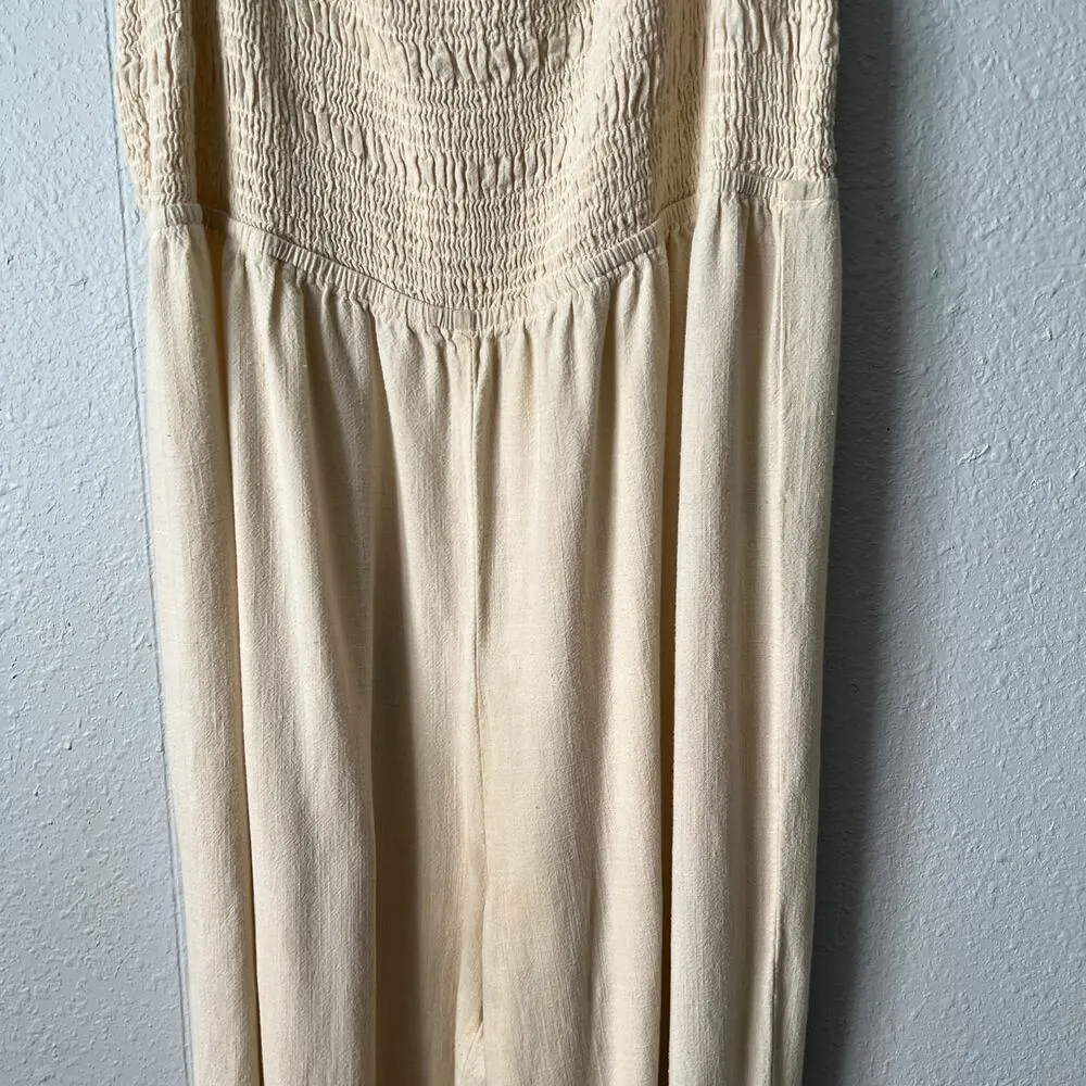 H&M Jumpsuit Womens XL Linen Blend Smocked Boho Chic Cottagecore Beachy Coastal - Image 4