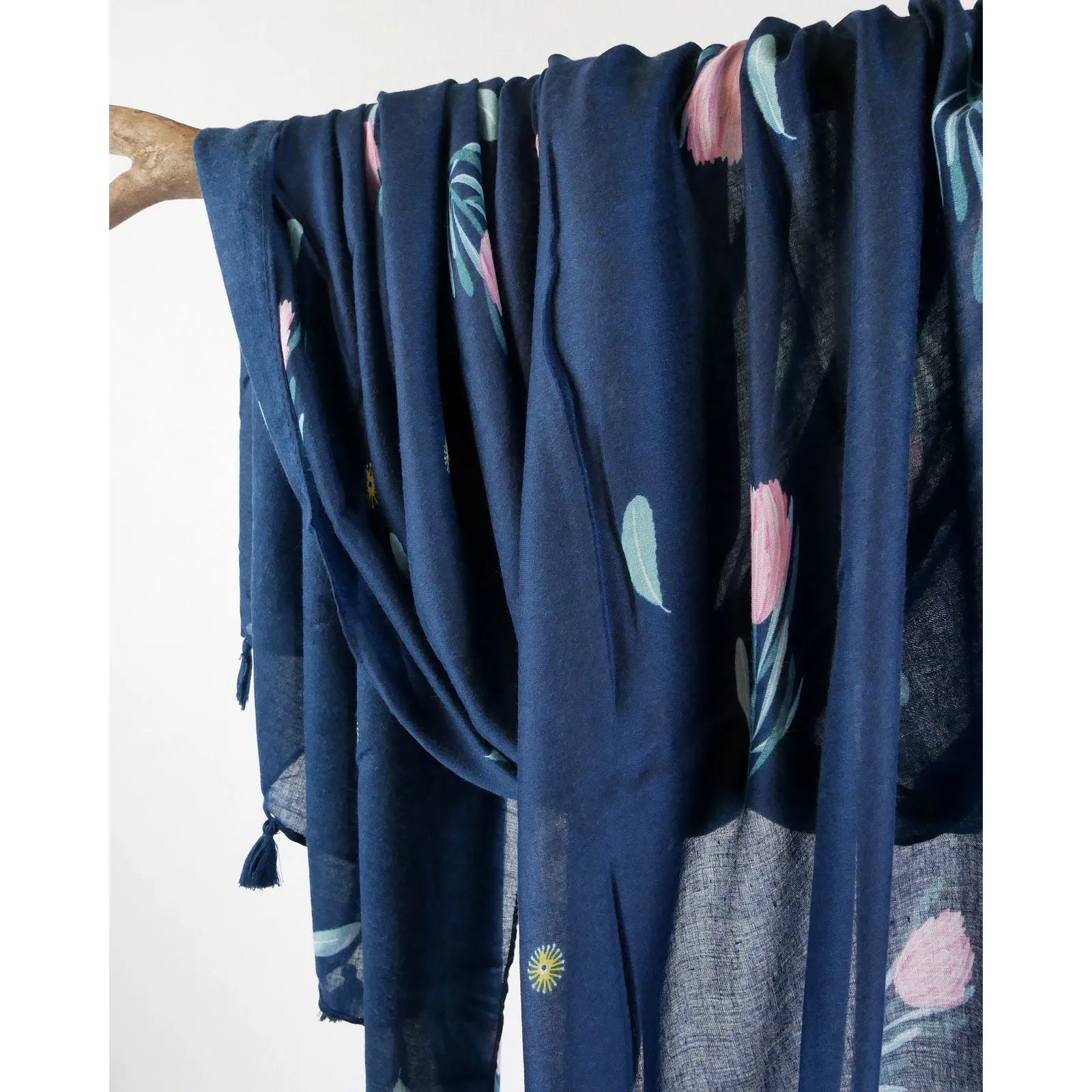 NEW Boho Floral Design Tasseled Rectangle Soft Chic Scarf Large Blue Pink White - Image 8