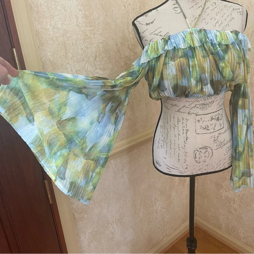 Zara Printed Tulle  Cropped Top bell sleeves ruffles Green Yellow Sz S - Image 7