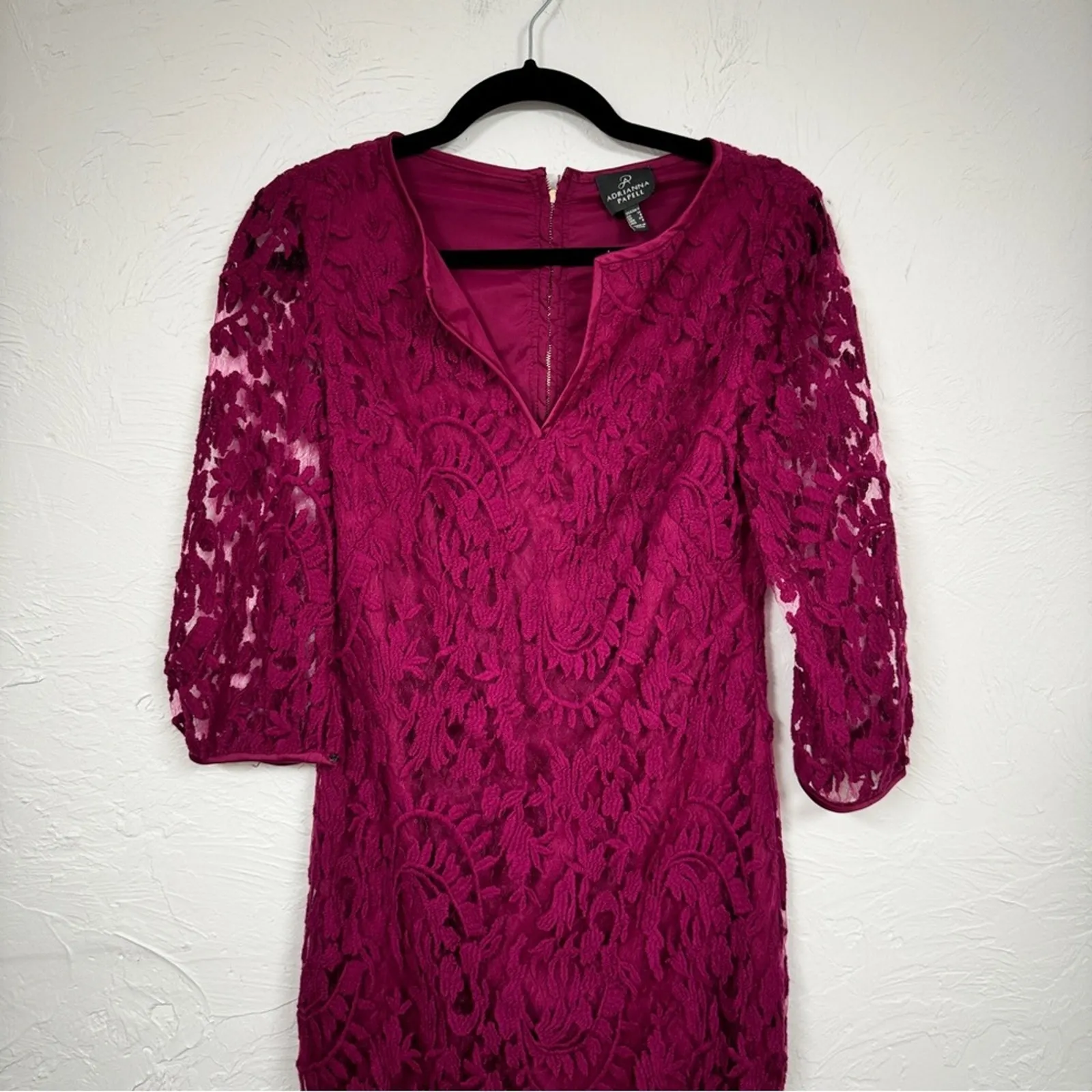 Adrianna Papell Burgundy Lace Sheath Dress Womens 4 Mini Formal Sheer Sleeve - Image 10