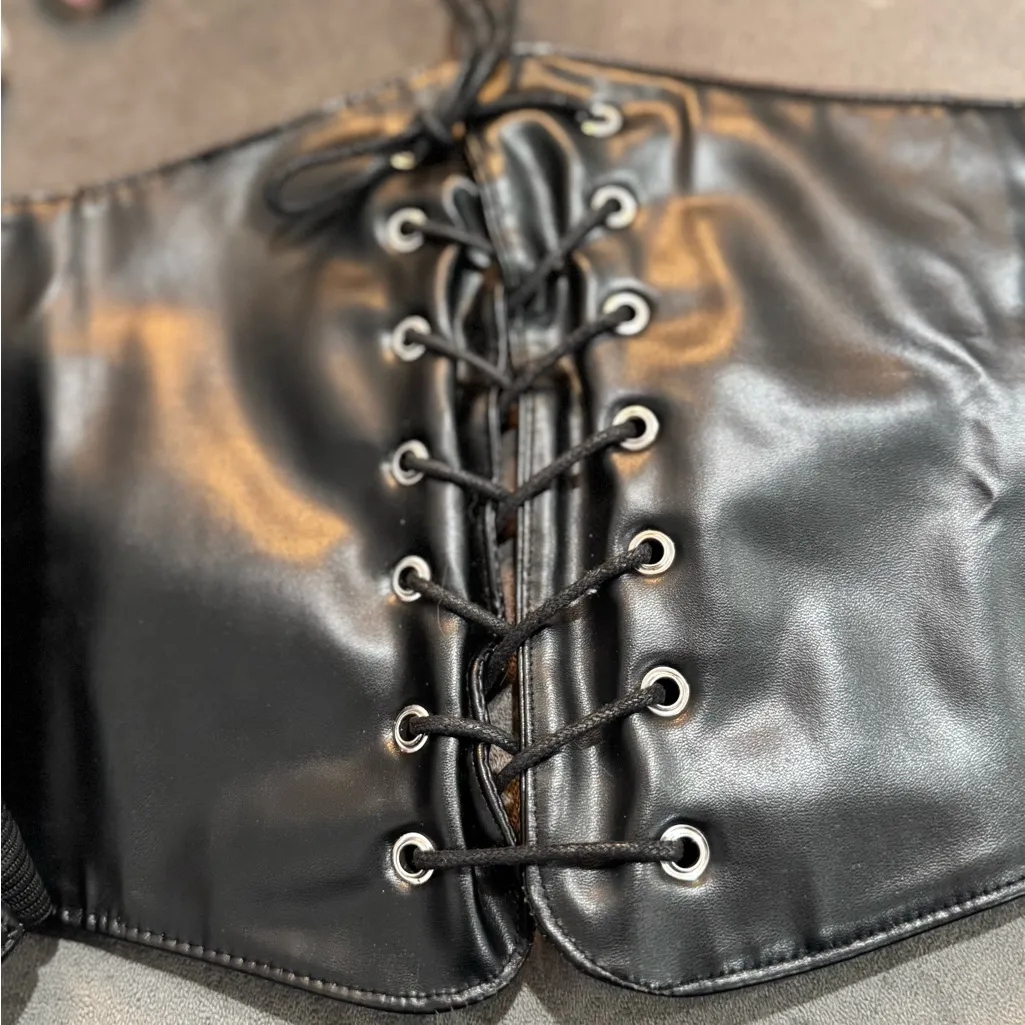 Black Vinyl Halter Bikini Top & Black Faux Leather Lace-up Corset - Image 8