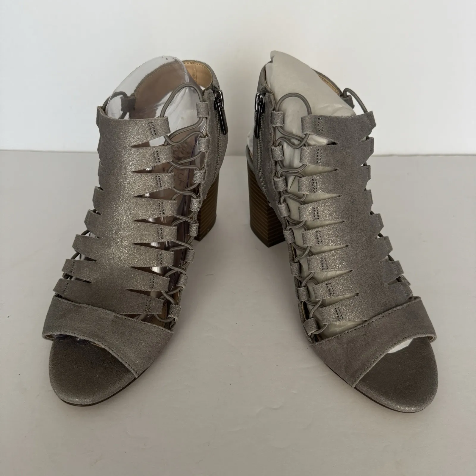 Vince Camuto Sandals Briaz‎ Womens 8 Wide Leather Block Shootie Caged Metal Gray - Image 4
