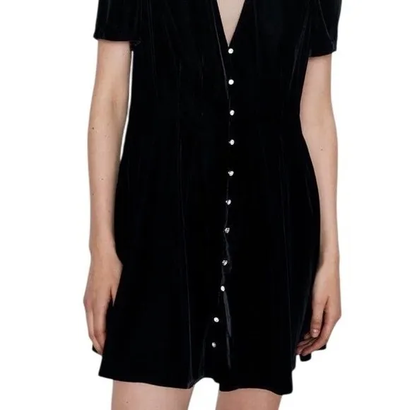 Black Velvet V-Neck Gem Rhinestone Button Front Mini‎ Glam Dress ZARA - S - Image 10