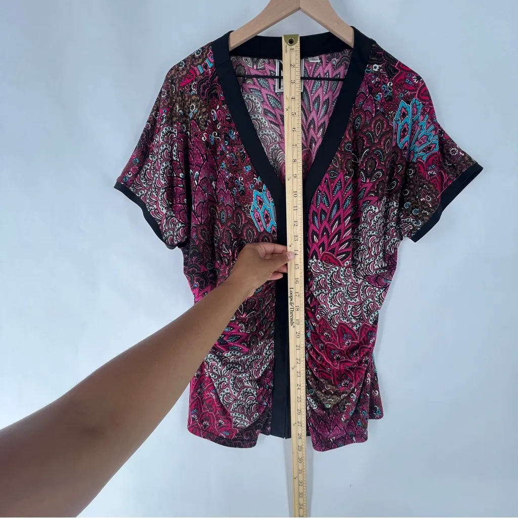 Marc Bouwer Pink Blue Paisley Feather Patterned Zip Front Dolman V - Image 14