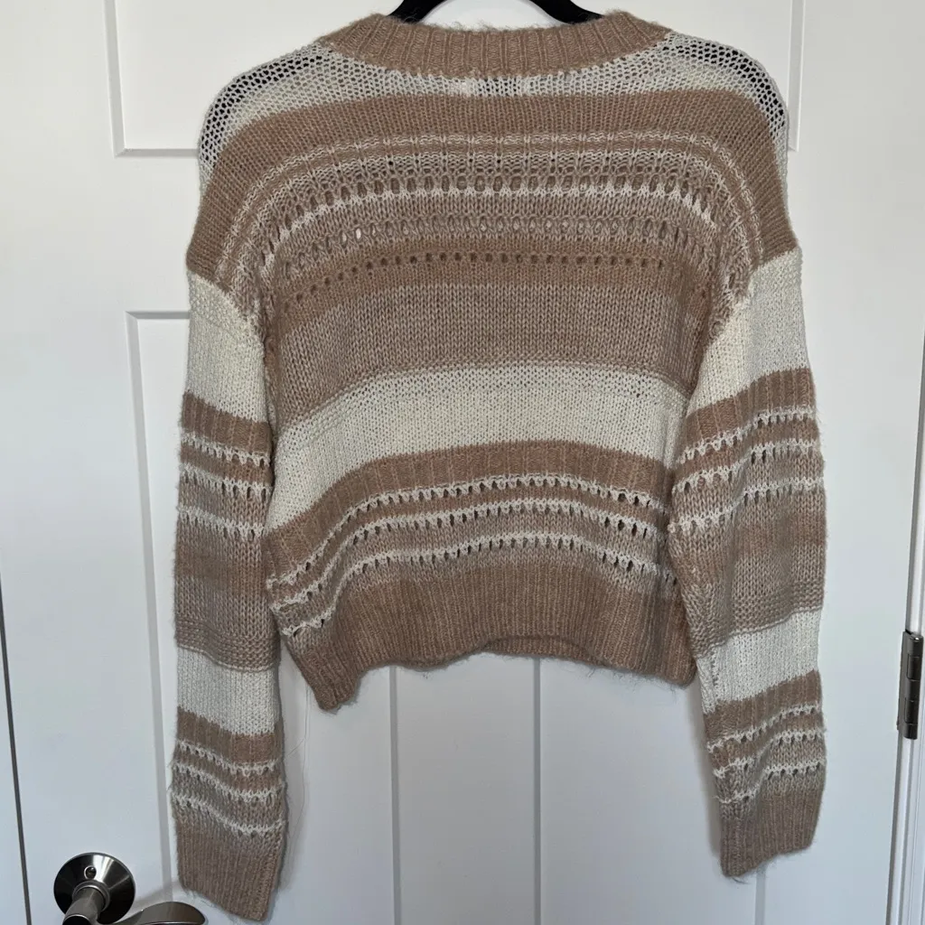 NWT Lush Tan Striped Crochet Knit Crew Neck Fuzzy Sweater - Cream Taupe Multi - Image 2