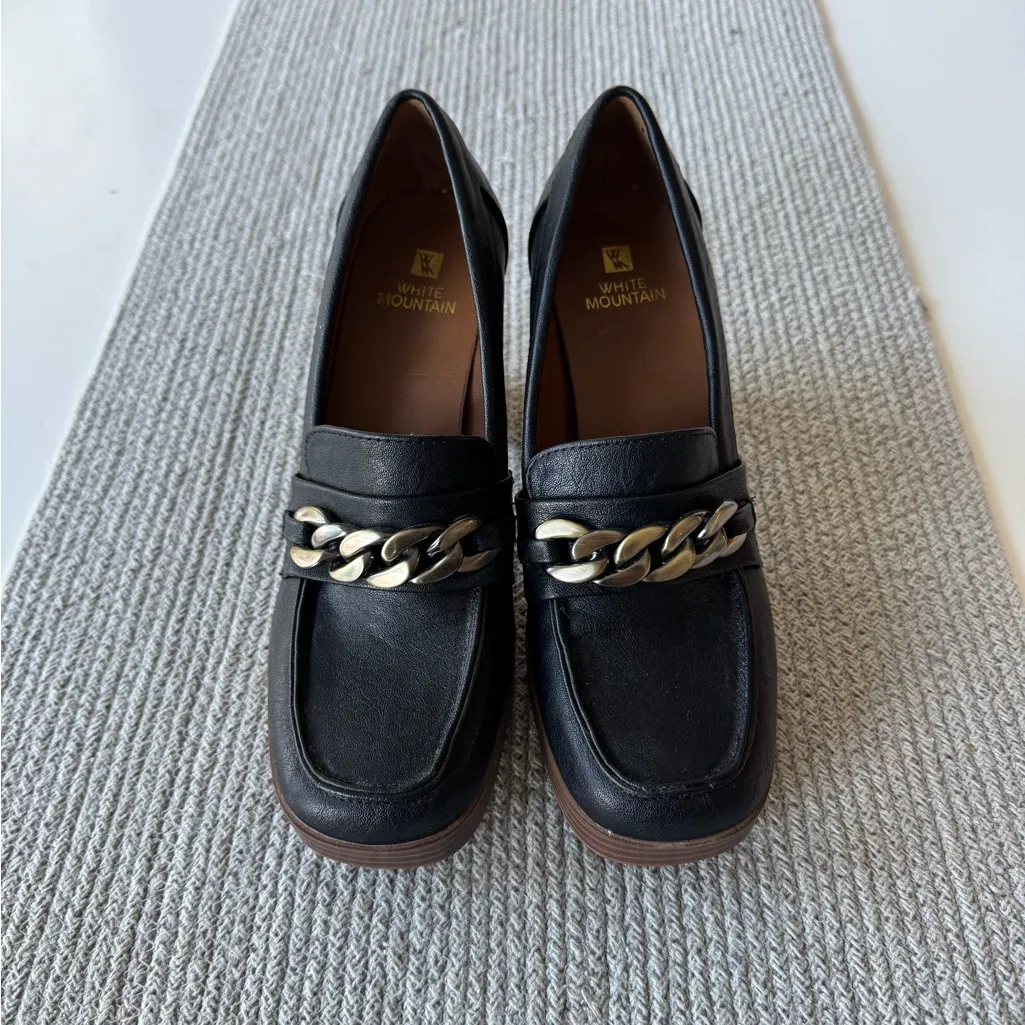 White Mountain Manning Block Heel Square Toe Loafers Black w Brass Detail Sz 8.5 - Image 12