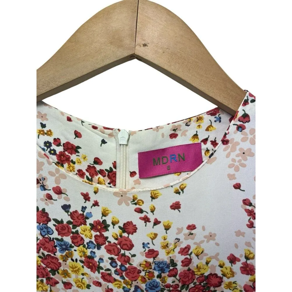 MDRN Balfour Pleated Floral Dress Long Sleeve Drop Waist Tea Length Roses Small - Image 2